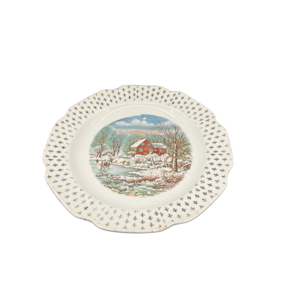 Vintage Sabin Crest Warranted 22K Gold Winter Scene Scalloped Plate Fleur De Lis